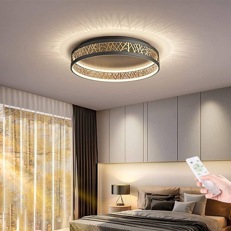 Deckenleuchte Schlafzimmer LED Dimmbar Deckenlampe mit Fernbedienung Lampe  Wohnzimmer Runden Vogelnest Aushöhlen Deckenbeleuchtung Moderne Schwarz