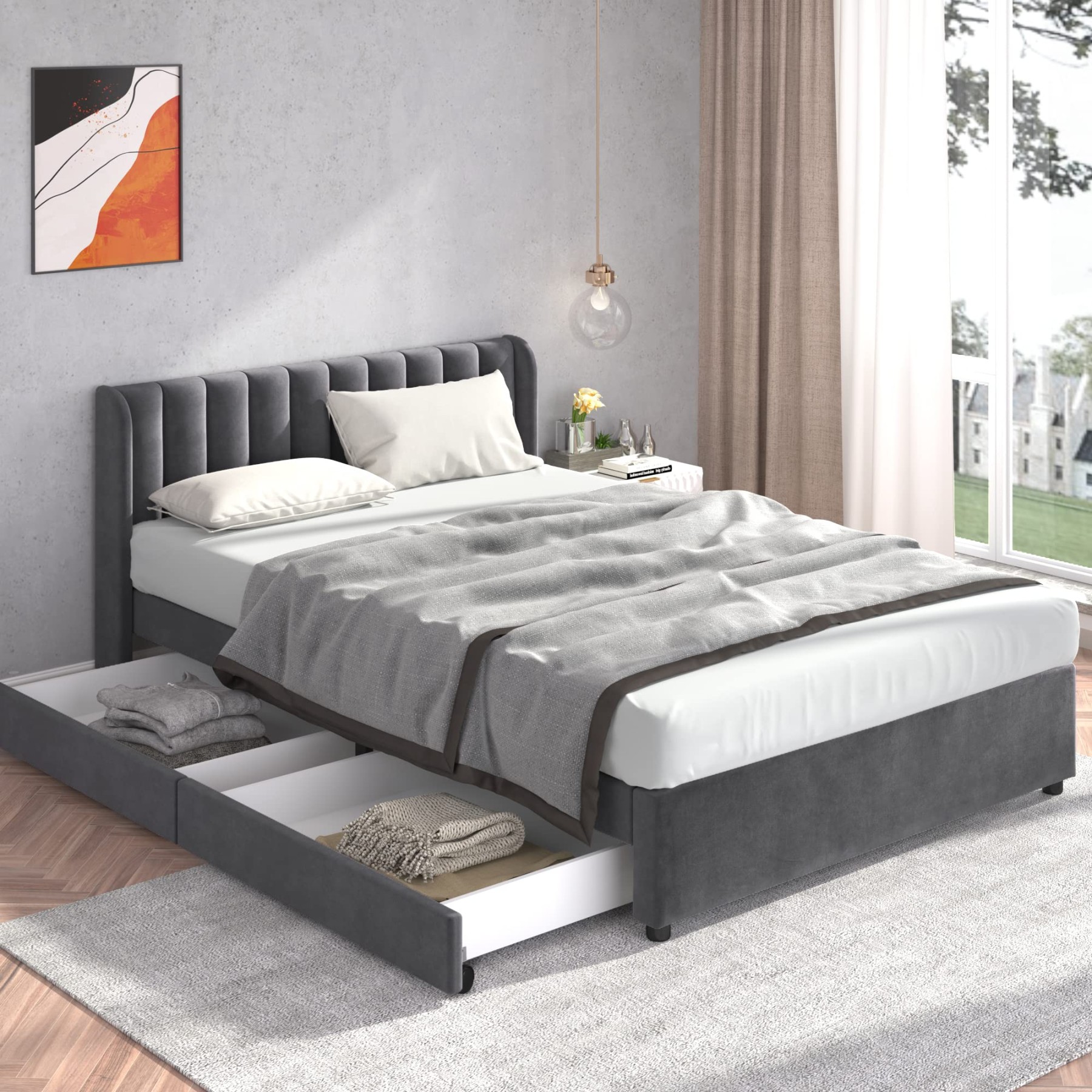 Upholstered Bed  x  cm with  Drawers, Flannel Double Bed with  Storage Space, Bed with Slatted Frame, Headboard Backrest, Modern Bed  Frame, Grey